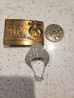 Lot Of 3 VTG Masonic Mason Shriner belt buckle, coin, rhinestone hat pin