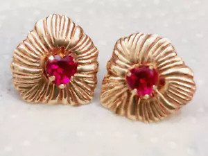 DAINTY SOLID 10K YELLOW GOLD LAB CREATED RUBY HEART POST EARRINGS/JACKETS - Picture 1 of 7
