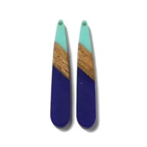4 pcs. Blue and Teal Stripes Resin and Wood Teardrop Flat Pendant - 44mm - Picture 1 of 3