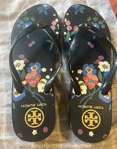 Tory Burch Blue Flower Print Wedge Flip Flop Size 11 Pre owned - Picture 1 of 4
