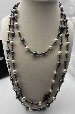Authentic Chanel CC Classic Crystal Logo Pearl Long Necklace - Image 1 of 4