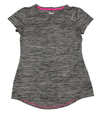 Camiseta Reebok XS cinza manga curta logotipo acabamento rosa gola redonda bainha Hi Lo fofa - Imagem 1 de 4