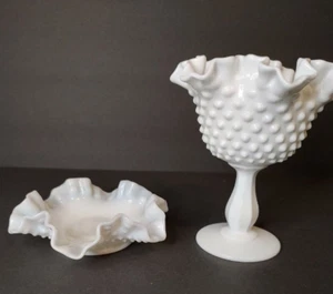 Fenton White Milk Glass Hobnail Pedestal Ruffled Compote and small ruffled dish - Picture 1 of 10