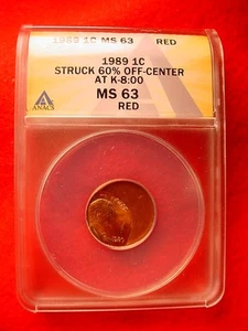 1989-P LINCOLN CENT ANACS CERTIFIED MS--63 RED 60% OFF CENTER STRIKE!!   #1500 - Picture 1 of 5