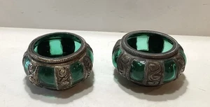 2 Vintage Baroque Silver Handblown Caged Emerald Bubble Glass Trinket Dishes - Picture 1 of 4