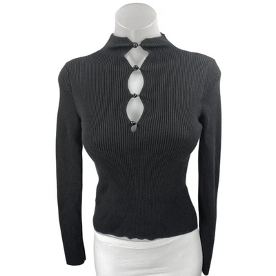 Suéter Top MNG Mango Para Mujer Negro Manga Larga RIB Tejido Recorte Cuello Simulado Talla S Foto 1 de 3