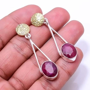 Ruby - Dyed Quartz (Simulated) 925 Sterling Silver Two Tone Earring 1.95" E9219 - Picture 1 of 3