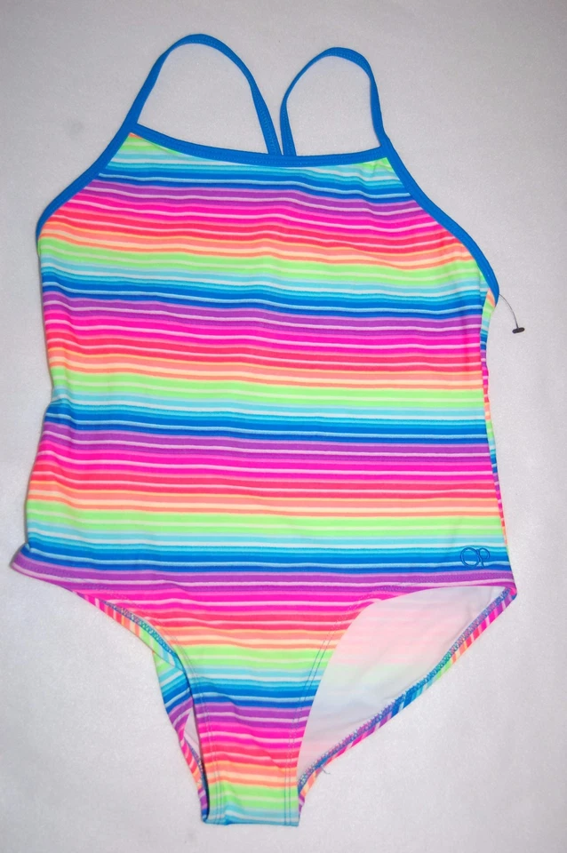 Girls Swimsuit ONE PIECE Blue Pink Green BRIGHT RAINBOW STRIPE Size XL 14-16 - Image 1 of 1