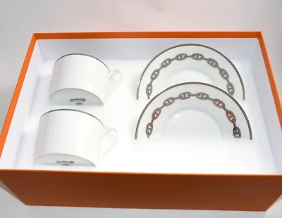 Hermes Chaine D' Ancre Mattina Tazza e Piattino 2 Set Platino Argento Tè Caffè - Immagine 1 di 4