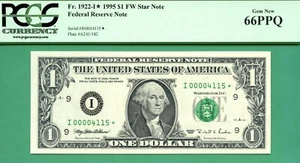 ** LOW SERIAL STAR & 1 of 2 CONSECUTIVE I00004115* 1995 $1 FRN * PCGS GEM 66 ** - Picture 1 of 2