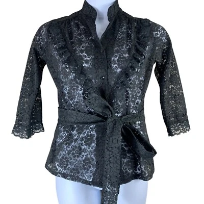 Vintage Lace Blouse Small Button Tie Belt Black 3/4 Sleeve Carefree Fashions - Imagem 1 de 4
