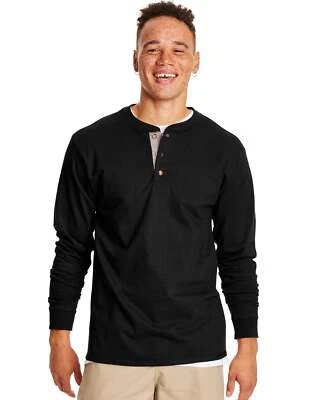 Hanes Men's Long-Sleeve Henley Shirt Beefy-T pure cotton 3 button S-3XL Tagless - Image 1 of 4