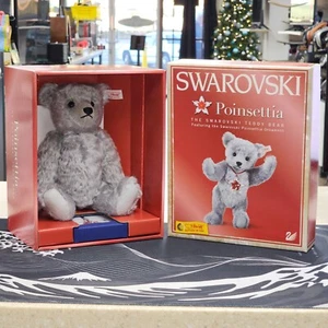 Swarovski Teddy Bear Poinsettia With Ornament And Steiff Button In Ear - Picture 1 of 6