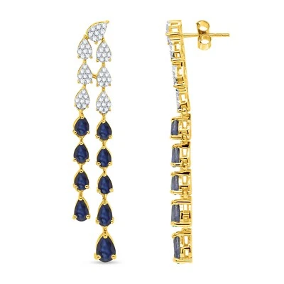 Brinco de ouro amarelo 14K com certificação de diamante real e gota de safira azul 1,15 quilate - Imagem 1 de 4