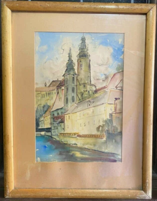 Vista en acuarela de Krumau en Bohemia 1939 República Checa antigua firmada rara Foto 1 de 4