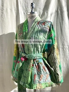 Chaqueta acolchada Kantha de algodón indio para mujer Patchwork Kimono Abrigo Bata de baño Vestido - Imagen 1 de 4