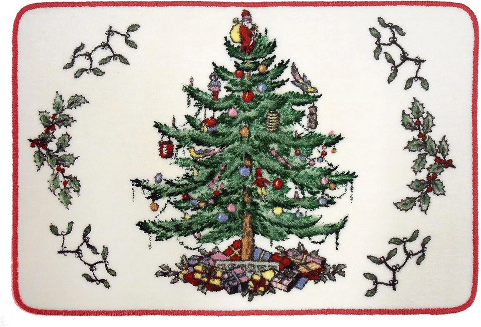 20x30" Spode Whimsical Christmas Tree Rug w/ Non-Skid Latex Backing Red Trim