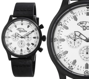 Men's Watch Wristwatch Chronograph Silver Black Leather Strap HUA05893 Gooix - Picture 1 of 6