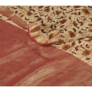 Sari vintage sanskriti ivoire/marron pur imprimé Georgette tissu sari travail Zari 
