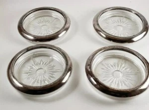 Silver and Crystal Coasters Leonard Italy Silver Plate Set of 4 Vintage - Imagen 1 de 4
