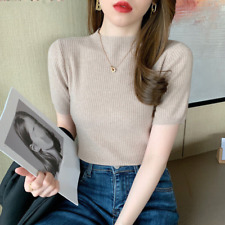 Women Korean Fashion Summer Short Sleeve Knit Basic Pullover Tops Blouse Shirts