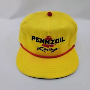 Pennzoil Racing Leather Strapback Hat Yellow Red Cord - Picture 1 of 9