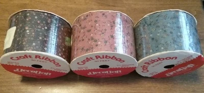 Lote de 3 rollos de cinta artesanal vintage de 2 3/4" azul malva marrón floral de 30 pies Foto 1 de 3