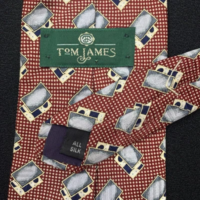 Tom James Silk Neck Tie Vintage Red Gold Polka Dot Gray Gold Geometric Designer - Image 1 of 4