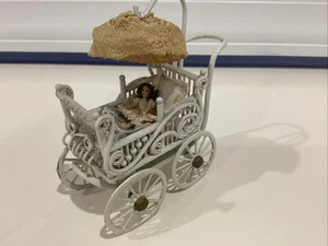 Barbara J. Ruemeli miniature baby carriage #168 w/doll & handknit coverlet - Picture 1 of 6