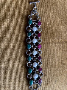 Beautiful Solid Silver Emerald,Ruby And Pearl Bracelet , New - Picture 1 of 8