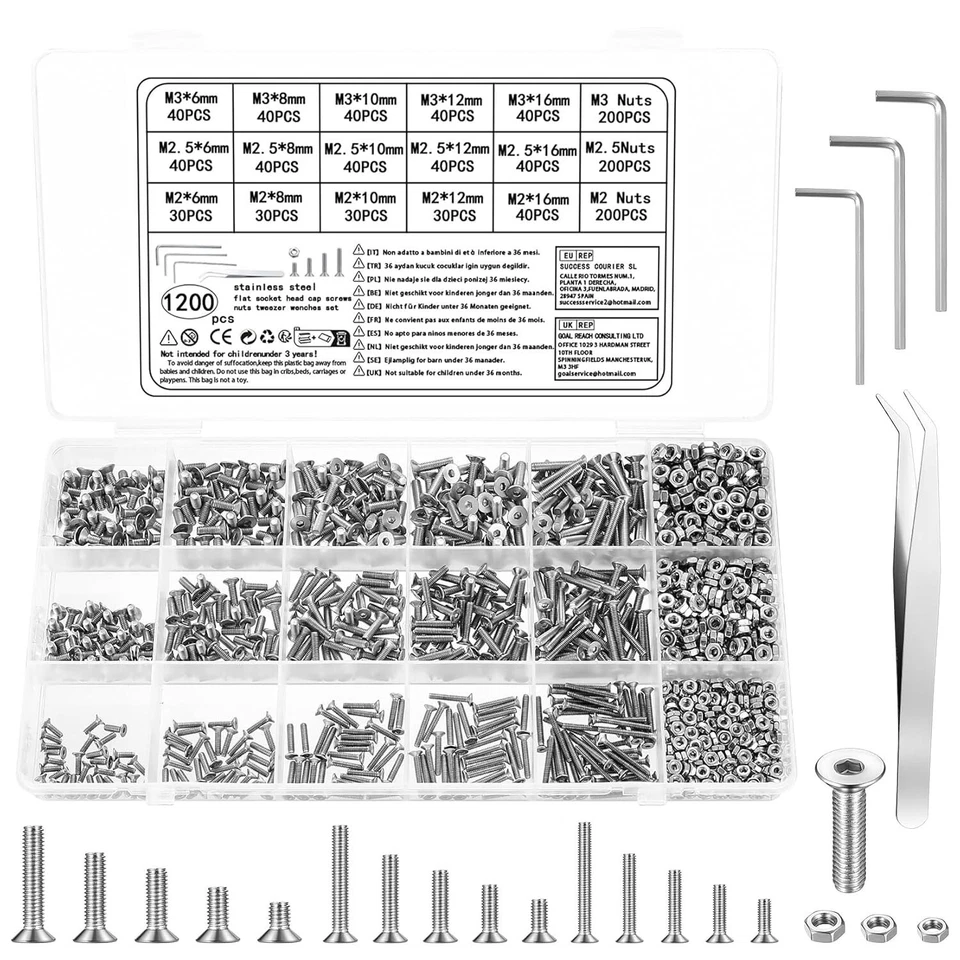 WUGONGSHAN 1200 Pcs M2/M2.5/M3 Countersunk Head Screws Bolts and Nuts Set, Flat Head Hex