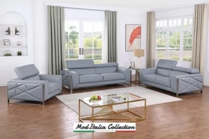 GENUINE Italian Leather Light Blue 3PC Sofa Loveseat Chair Gray Living Room Set - Picture 1 of 8