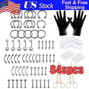 84Pcs Professional Piercing Kit Stainless Steel Navel Eyebrow Nose Needles Set - Picture 1 of 11