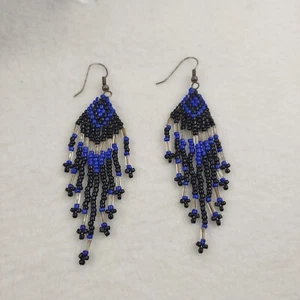 Western Native Fashion Seed Bead Earrings Long Dangle Strands Blue Black 3.5" - Picture 1 of 2