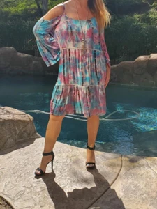 Maya Antonia Kleid mit kalter Schulter Krawatte tropisch rosa aqua-türkis/Boho - Bild 1 von 9