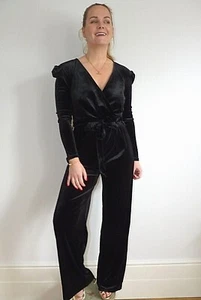 Ex Oasis Black Velvet Wrap Stretch Belted Straight Leg Jumpsuit Size 8=X-SMALL - Picture 1 of 6