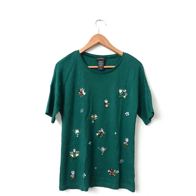Camiseta de algodón pequeña verde para mujer con estrás adornada oscura Lord Taylor Foto 1 de 4