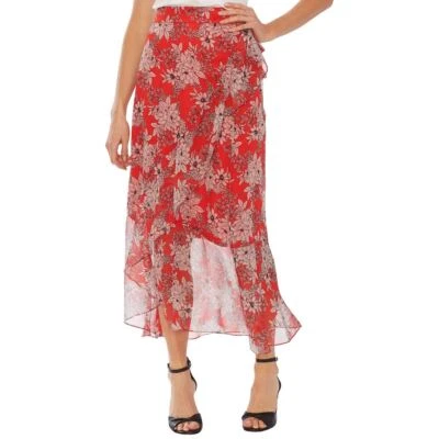 Falda envolvente transparente con estampado floral en capas roja carmesí VINCE CAMUTO para mujer 10 TEDO Foto 1 de 2