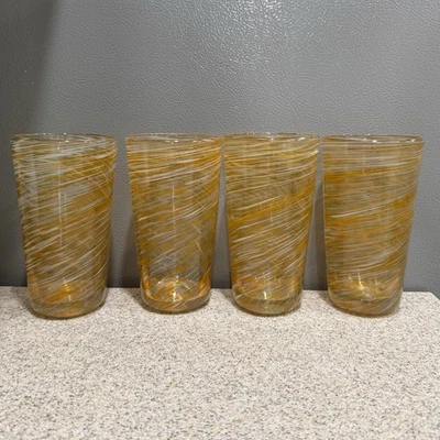 4 Vtg Mexican Orange White Swirl Hand Blown Tumblers Glasses 6" 14 ozs in EUC! - Image 1 of 4