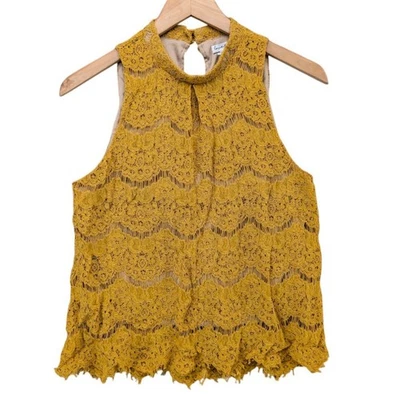 Top Love Fire de encaje con cuello falso para mujer mostaza oro amarillo festoneado sin mangas talla M Foto 1 de 4