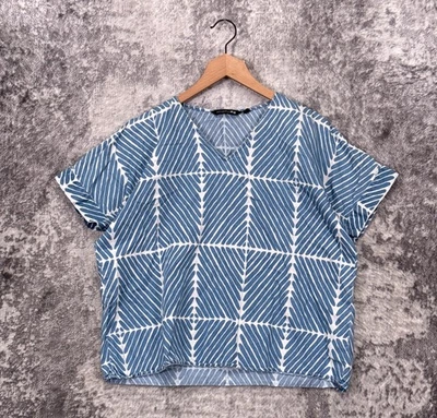 Marimekko x Uniqlo Top Small Womens Blue Chambray Cotton Geometric Pattern - Image 1 of 4