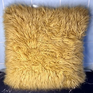 Mustard Faux Fur Cushion With Luxury Fleece Reverse Feather Filled 18" x 18" - Picture 1 of 3