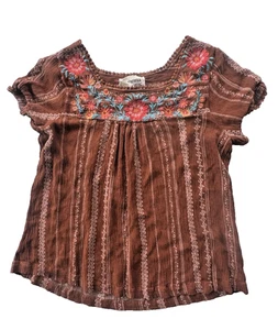 Savanna Jane Womens Blouse Size Medium Brown Short Sleeve Shirt Embroidered - Picture 1 of 5