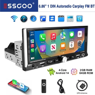 4+64G Apple Carplay 6.9" Autoradio 1 DIN GPS Navi Android Auto RDS USB Bluetooth - Immagine 1 di 4