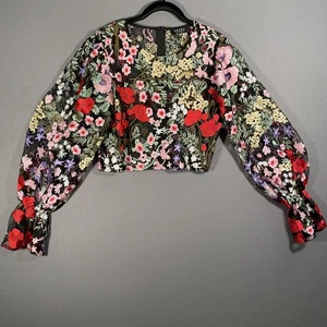 Akira Embroidered Tulle All-over Floral Puffy Sleeve Sz Medium Zip Back Entry - Picture 1 of 12