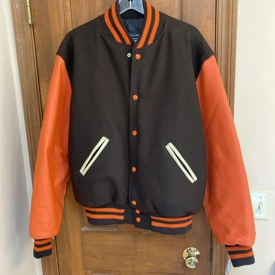 Holloway Brown Wool Body Orange Leather Arms Varsity Jacket Size M New w Tags  - Image 1 of 4
