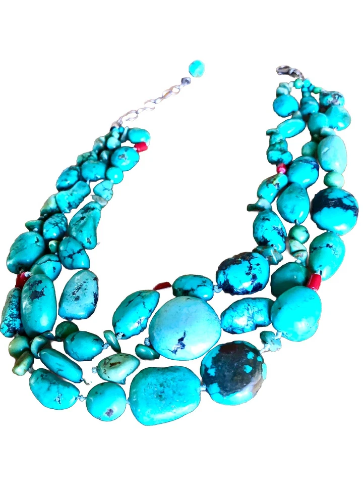 Collar Peyote Pájaro Triple Hilo Turquesa Plata de Ley Grueso Firmado 925 Foto 1 de 4