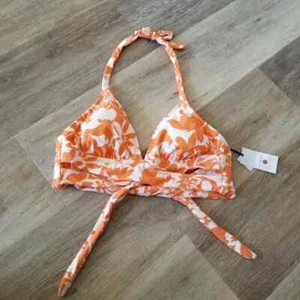 NWT Shade & Shore Orange Floral Halter Bikini Top Size XS - Picture 1 of 7