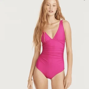 J Crew Bathing Suit Womens 10 Ruched V Neck One Piece Pink Low Cut Beach Swim - Picture 1 of 14