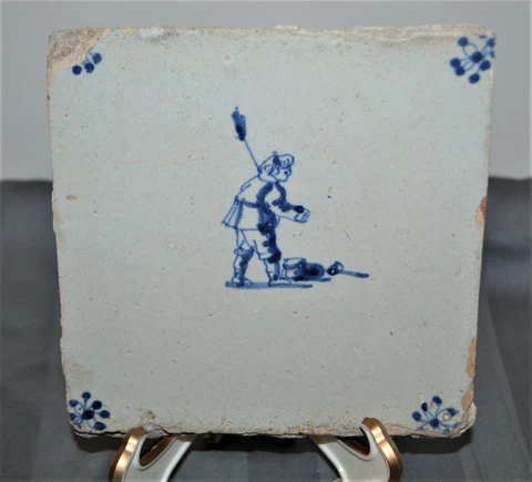 Antique Delft Stoneware Tin-Glazed White & Blue Tile 5 x 5 1/8" Cover